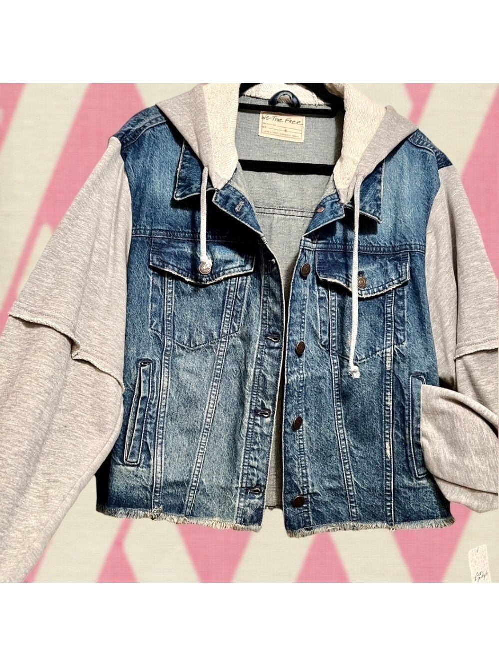 FREE PEOPLE Throwback Denim/Knit Hoodie Style Raw Hem Relaxed Crop Jacket-Md NWT - Picture 10 of 16